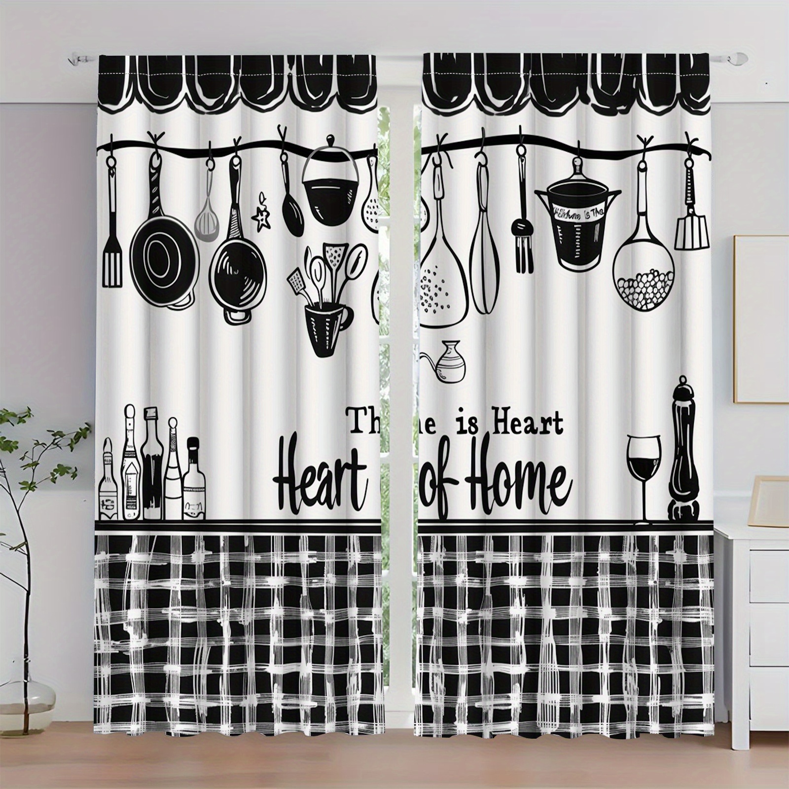 Home Cooking Quotes - Kitchen Utensils Text Curtains Black White